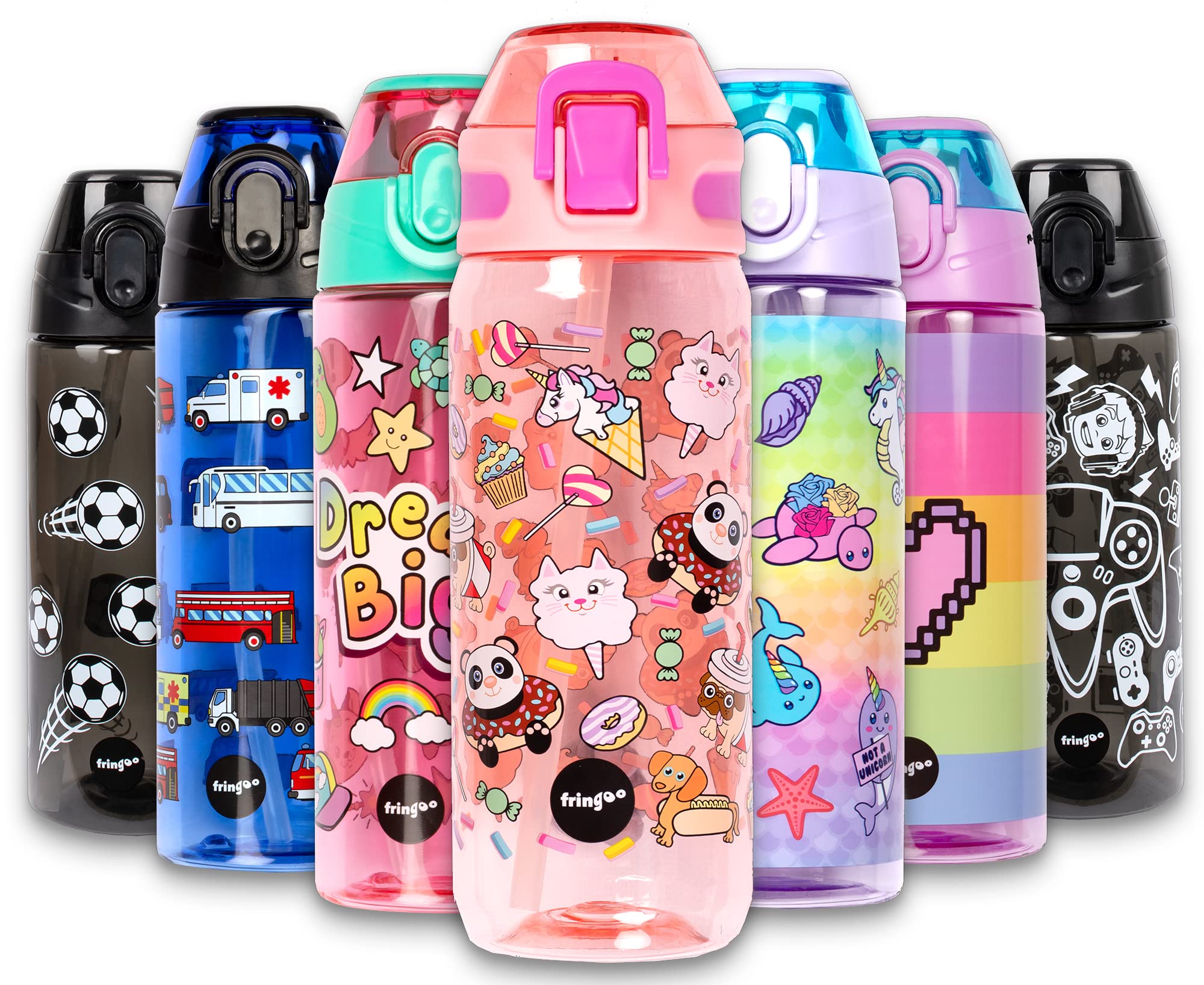 Fringoo - 600ml Kids Water Bottle with Straw & Fliptop Lock - 100% Leakproof - BPA Free 600ml Kids Water Bottle for School - Animal Treats