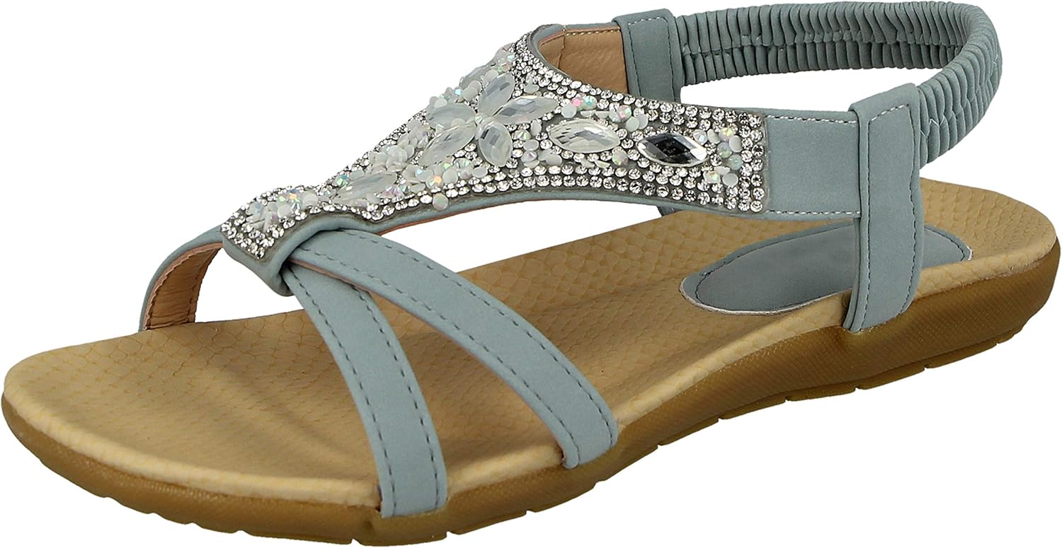 Amazon.com | Ladies Faux Leather Open Toe Jewel Diamante Encrusted T Bar Elastic Sling Back Flat 