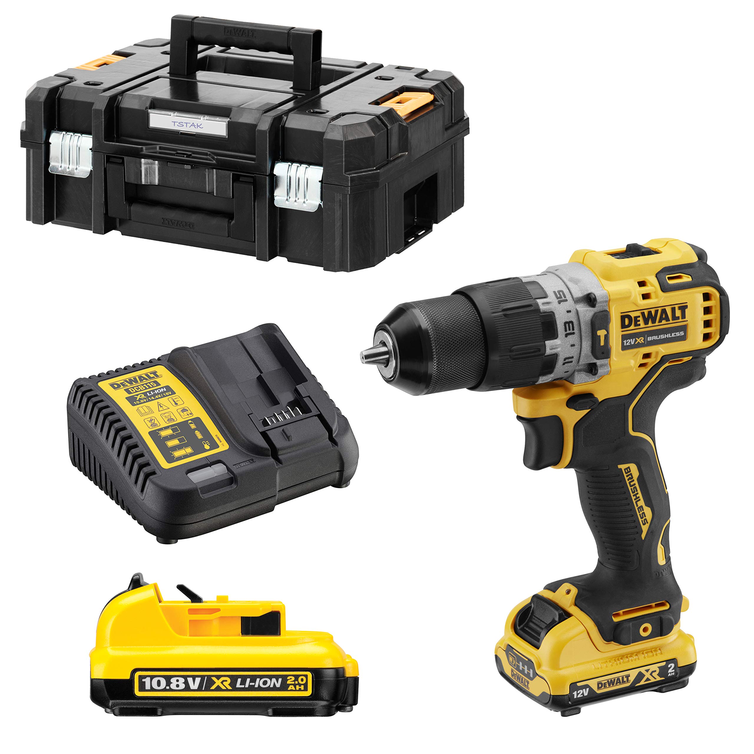 DEWALT 12 V XR DCF601D2 Cordless Screwdriver (2.0 Ah, Brushless, 1/4 Inch Hexagon Socket, with Speed Regulation, 15-Level Torque, LED Work Light, Includes 2 Batteries, Quick Charger & T STAK Box)