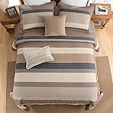 PANGUSHAN 100% Cotton Quilt Set Queen Size, Farmhouse Striped Quilt Bedspread Lightweight Comforter for Queen Bed,3pcs, Brown/Beige/Charcoal
