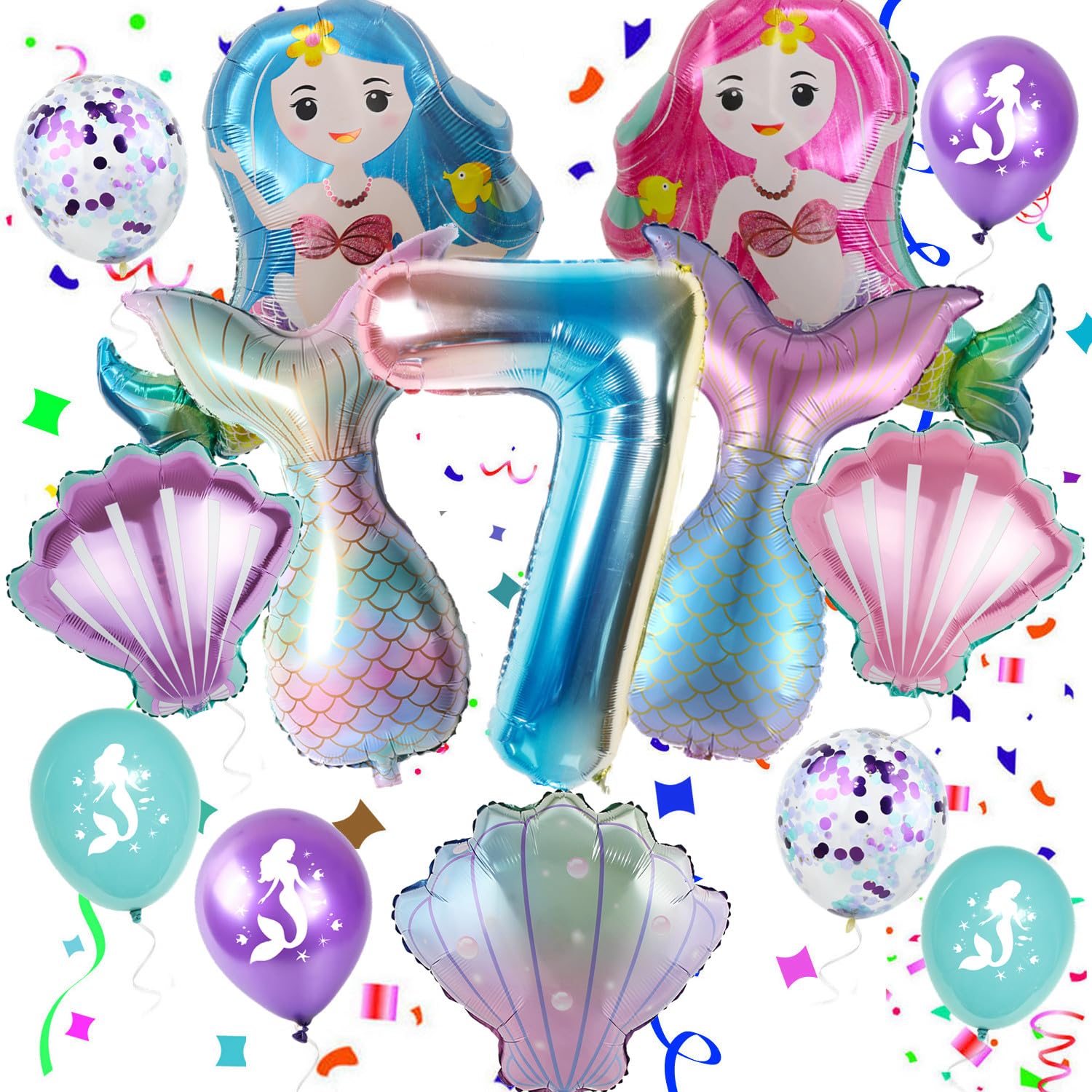 Haosell Mermaid Large Balloon 7 Years Children's Birthday Decoration Girls Colourful Mermaid Balloon - 1 x XXL Mermaid Balloon + Number 7 Number Balloon + 1 Bowl Balloon + 4 x Confetti Balloon