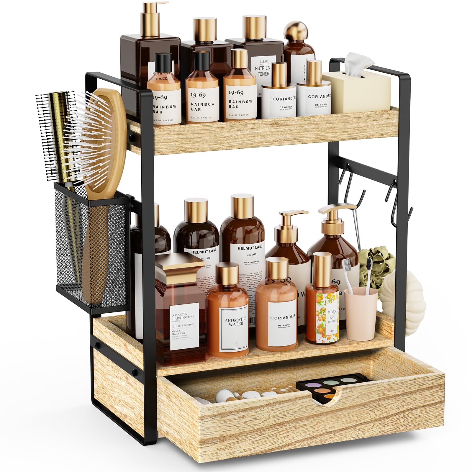 Photo 1 of 2-Tier Bathroom Counter Organizer with Drawer Basket and Hooks, Wood Bathroom Organizers and Storage for countertop, Farmhouse Brown Countertop Organizer, Counter Shelf for Vanity, Kitchen, Office