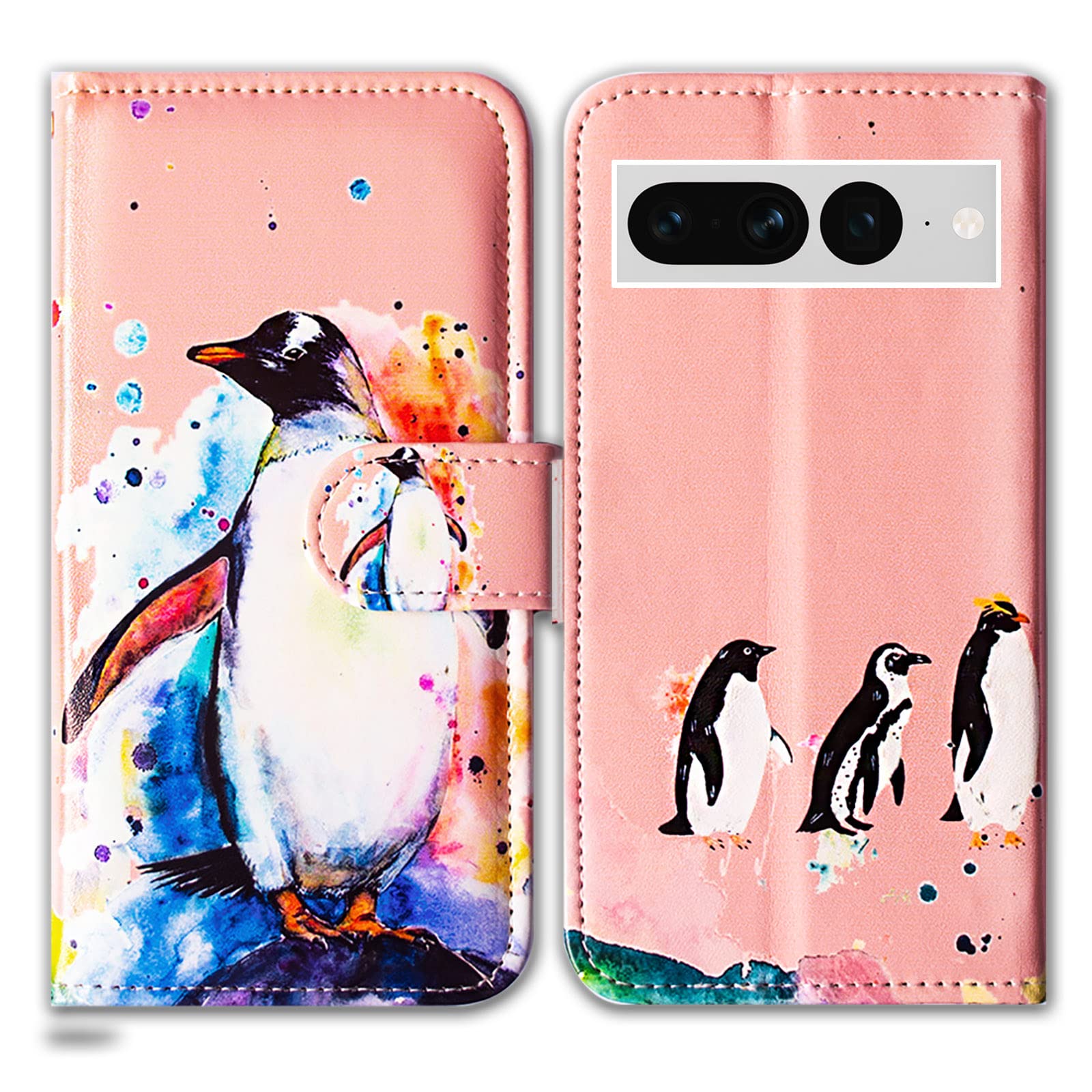 Bcov Pixel 7 Pro Case, Penguin Drawing Leather Flip Phone Case Wallet Cover with Card Slot Holder Kickstand For Google Pixel 7 Pro