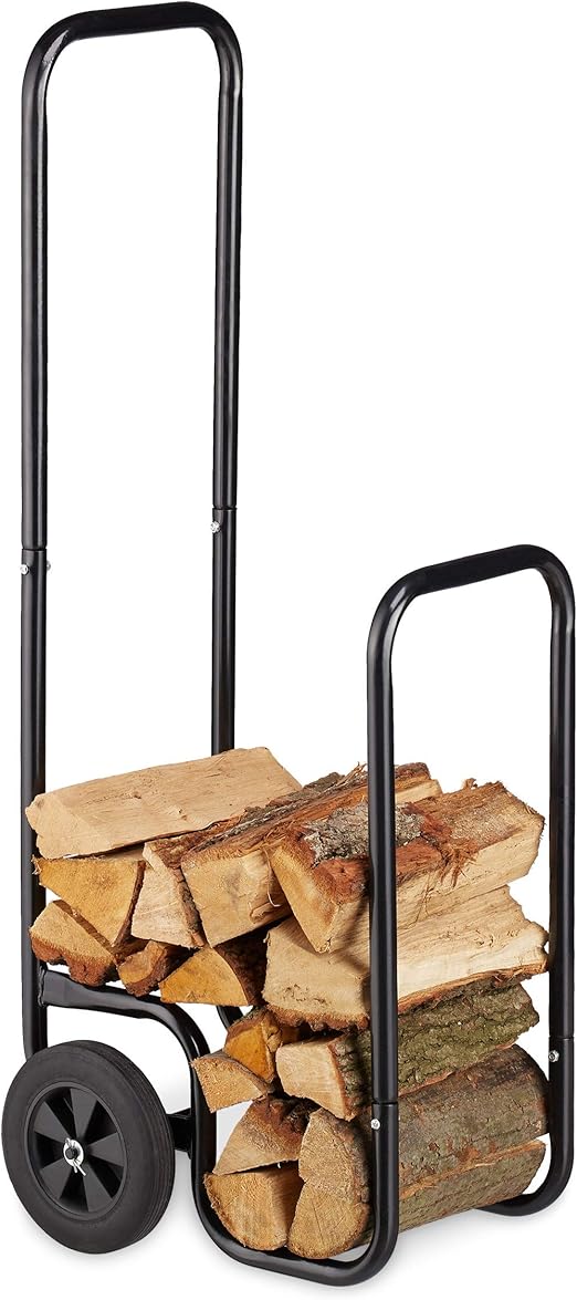 Relaxdays, Negro Carro Leña, Leñero Interior con 2 Ruedas, hasta 60 kg