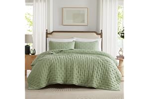 WDCOZY Sage Green Cloud Quilt King Size Bedding Set with Pillow Sham, Seafoam Puffy Cozy Lightweight Bedspread Coverlet, Soft Cute Bed Cover for All Season - 3 Pieces, 104x90 inches