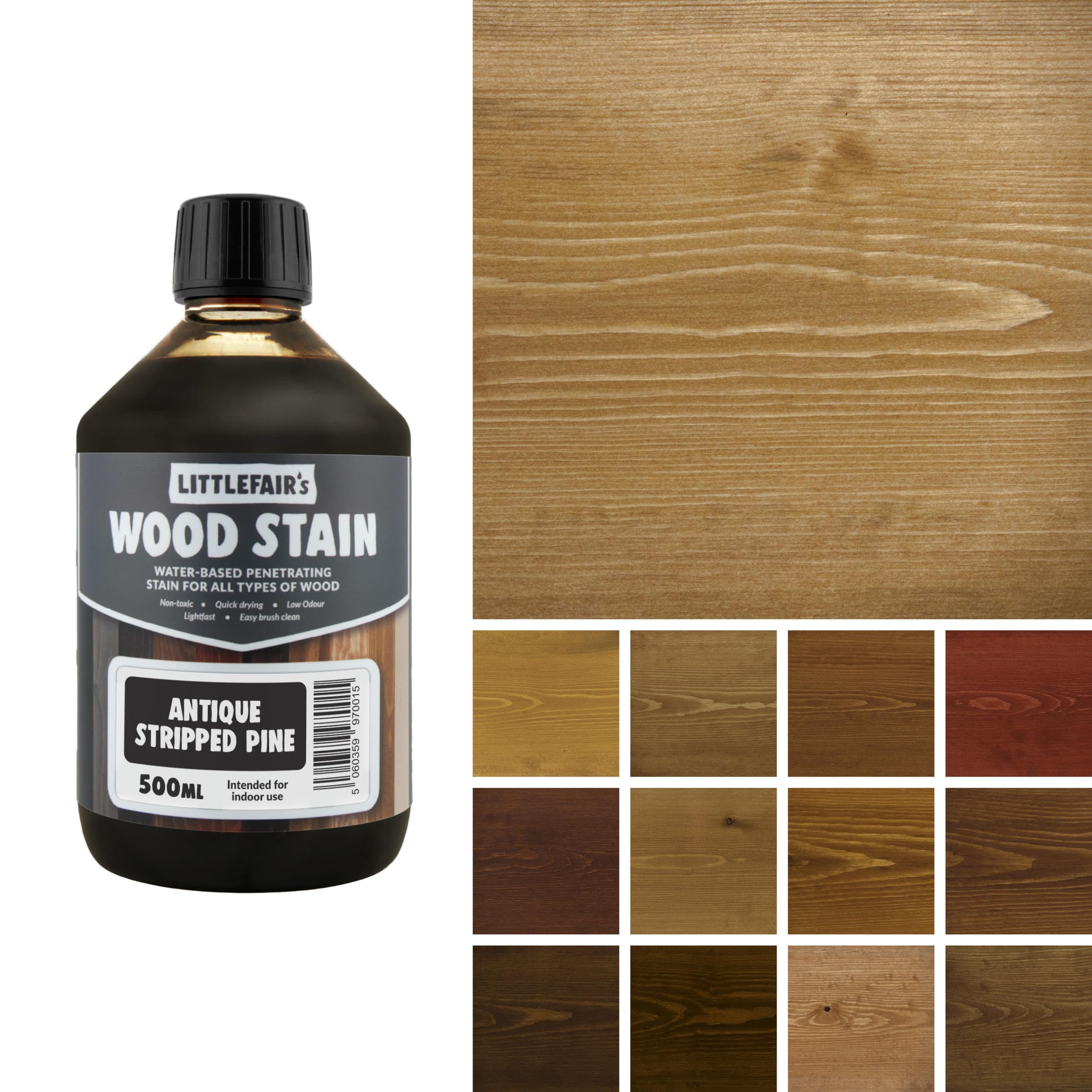 Littlefair's Wood Stain Water-Based - (Antique Stripped Pine) – Non-Toxic, Eco-Friendly & Quick Drying - Easy-to-Apply, Concentrated Formula for All Wood Types – 500ml