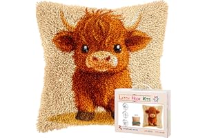 GENERIC Latch Hook Pillow Kits for Adults Cute Baby Highland Cow DIY Pillow Cover Printed Pillowcase Crochet Hooking Yarns Handmade Cushion for Home Sofa Decoration 17x17inch(8)