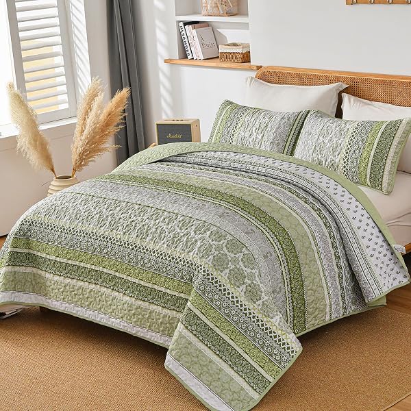 WONGS BEDDING BOHO QUILT SET QUEEN SIZE, SAGE GREEN BOHEMIAN 3 PIECES QUILT SETS, LIGHTWEIGHT BEDSPREAD COVERLET BEDDING SET FOR ALL SEASON (96″X90″)