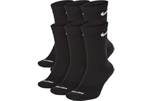 NIKE Dri-Fit Training Everyday Cushioned Crew Socks 6 PAIR Black with White Swoosh Logo) LARGE 8-12