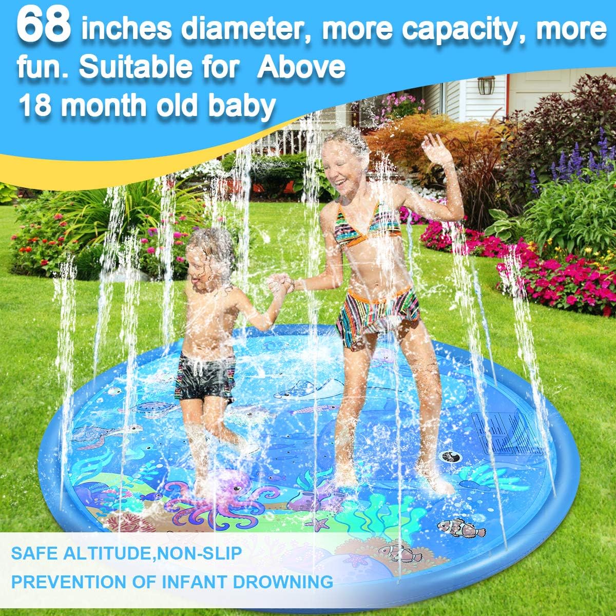 Sprinkler & Splash Pad for Kids - Big 68'' Inflatable blow up pool Sprinkle Mat, Toddler Outdoor toys, Outside kiddie inflatable Water Swimming Pool Toys for Wading and Learning for Babies Boys Girls: Toys & Games