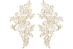AUEAR, 2 Pack Champagne Gold Flower Lace Applique Patches Sew on Appliques for Wedding Home Decoration