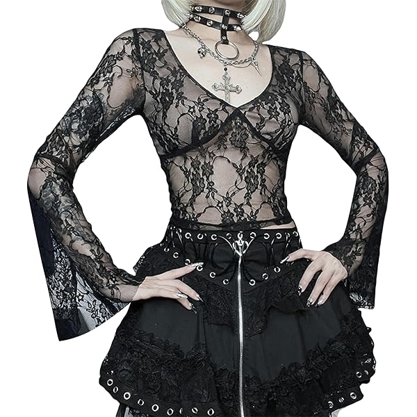 Kimydreama Women Mesh See Through T Shirt Lace Floral Long