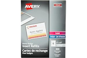 Avery Name Badge Inserts, 3" x 4", Print or Write, for Laser/Inkjet Printers, 300 Name Badge Insets, White (5392)