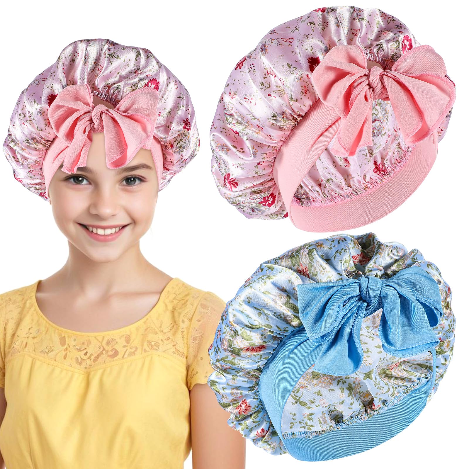 Sibba 2 Pcs Silk Bonnet for Kids Soft Elastic Sleeping Cap Breathable Wide Band Colorful Shower Hats Adjustable Baby Bonnets Night Sleep Cap for Curly Natural Hair Braids