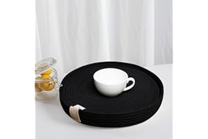 Art PineCone's 13-Inch Round Woven Placemats with Braided Rope Design - Non-Slip, Heat Resistant, and Perfect for Elevating Your Table Decor - Set of 4 with Holder Included (13 inch, Black)