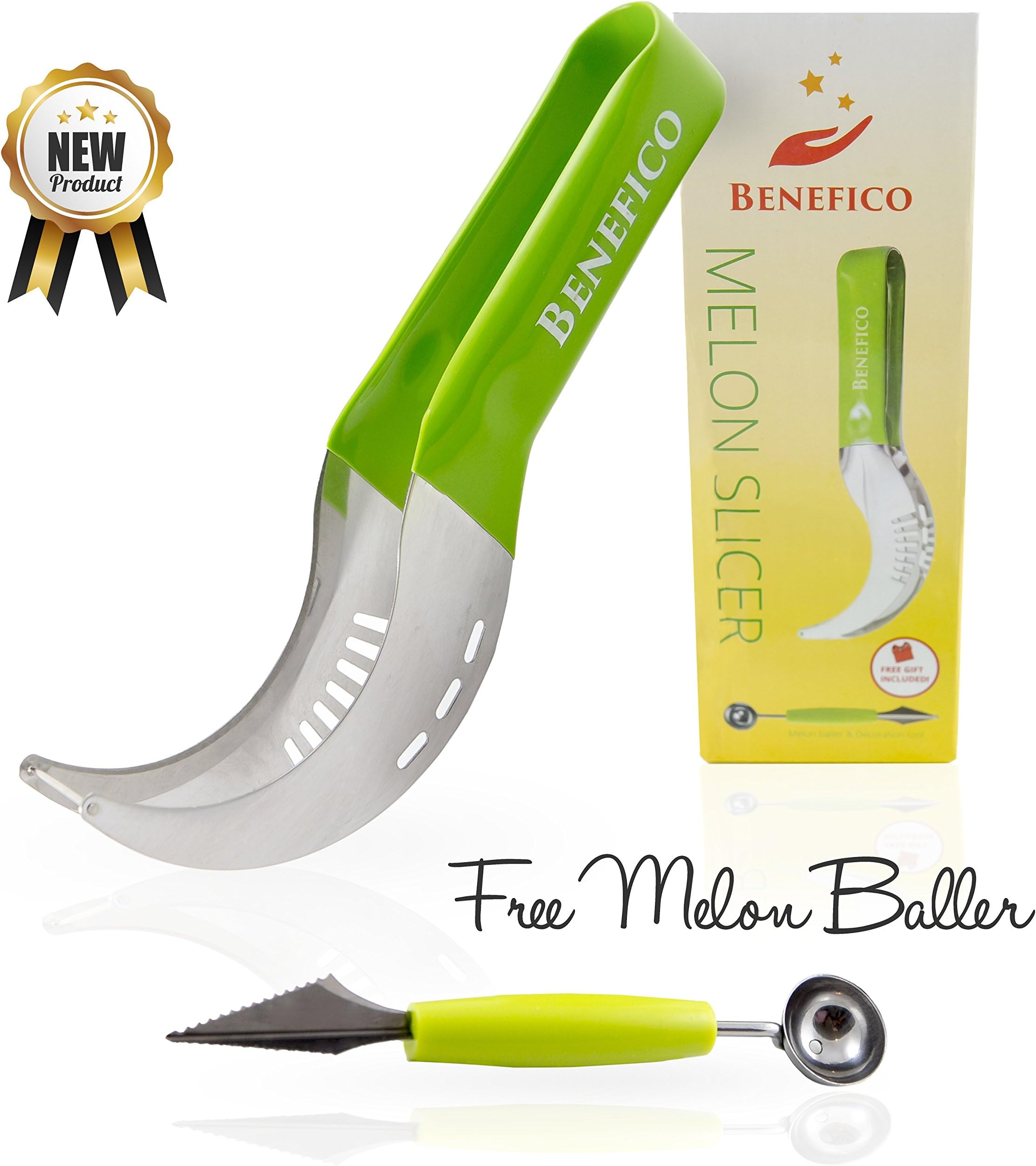 Watermelon Knife ~ Doubles as Slicer & Serving Tongs, Premium 304 Grade Stainless Steel with Sure Grip Rubber Handle ~ Comes with Melon Carver / Baller Scoop: 2 Piece Set by Benefico