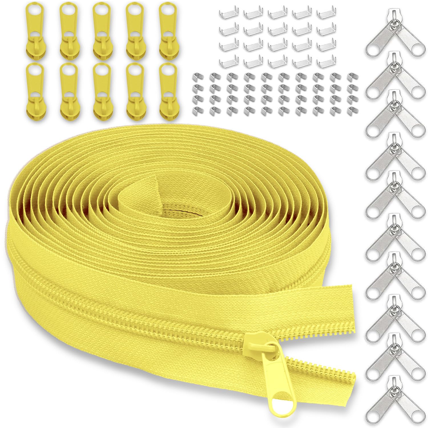 Photo 1 of #5 Nylon Zipper Tape for Sewing: YZSFIRM 10 Yards Yellow by The Yard Nylon Coil Zippers for DIY Sewing Craft with 10 Bulk Metal Zipper Slider and 10 Double Slider