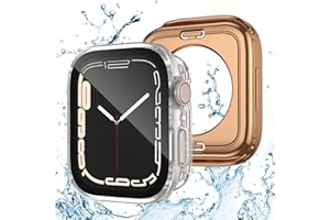 Kawoco 2 Pack Waterproof Case for Apple Watch Series 6 5 4 SE 44mm Screen Protector, 2 in 1 Full Protective 9H Glass Face Cover Front & Back Hard PC Bumper for iWatch Cover 44mm, Clear/Rose Gold