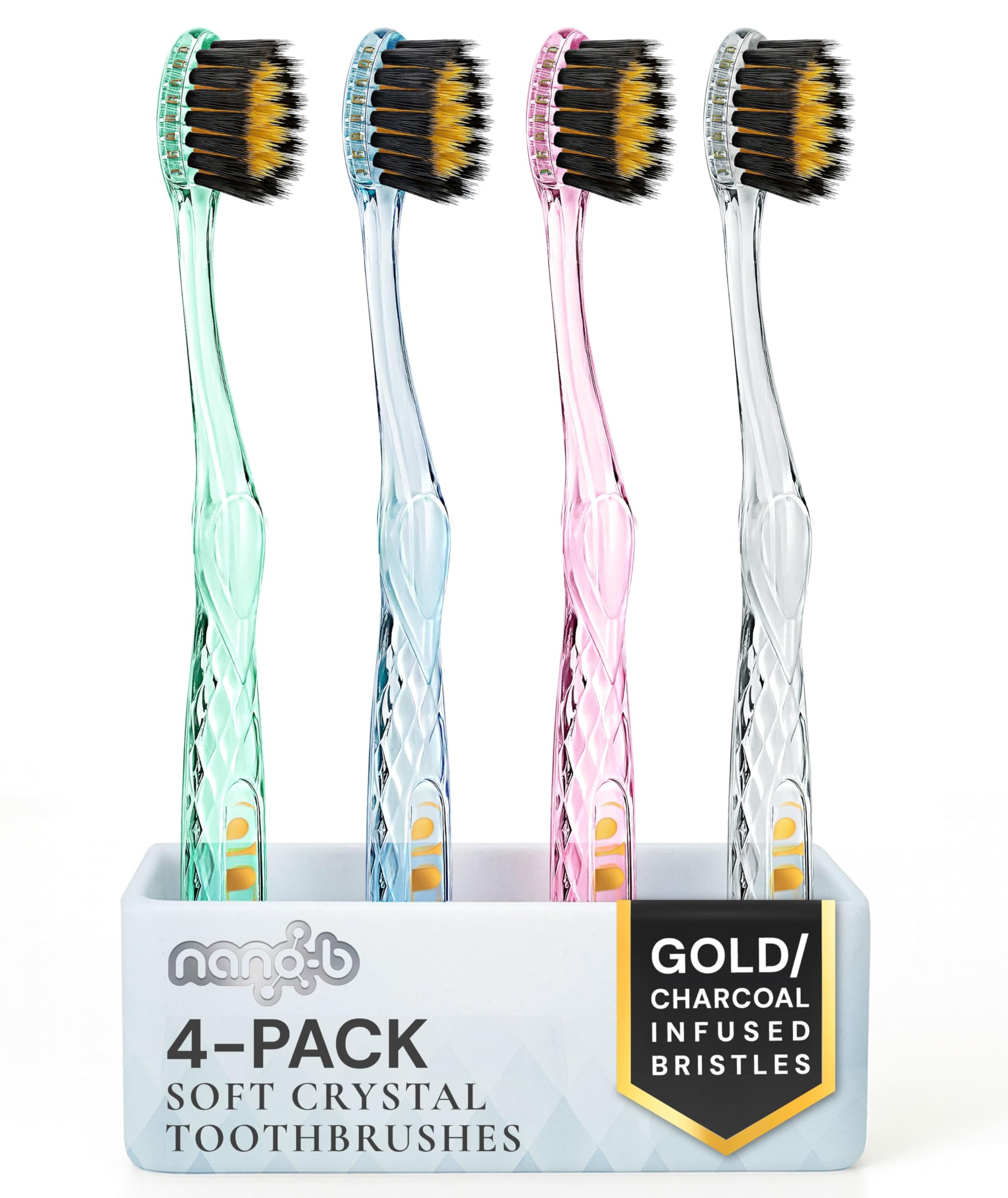 Nano-b Manual Toothbrush Set for Adults with Sensitive Gums, Gold & Charcoal Soft/Medium Bristles, Travel Cases, Blue, Pink, Green, Crystal, 4-Pack