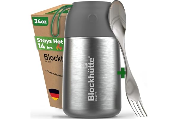 Blockhütte Insulated Food Jar 34oz – Large Vacuum Insulated Stainless Steel Thermos Food Container | 14h Hot & 19h Cold | Lea