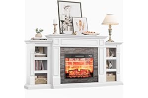 LGHM 72" Electric Fireplace with Mantel, Fireplace TV Stand for TVs Up to 80 Inch, Modern Entertainment Center with Storage, Realistic Stacked Stone Surround with Remote Control for Living Room