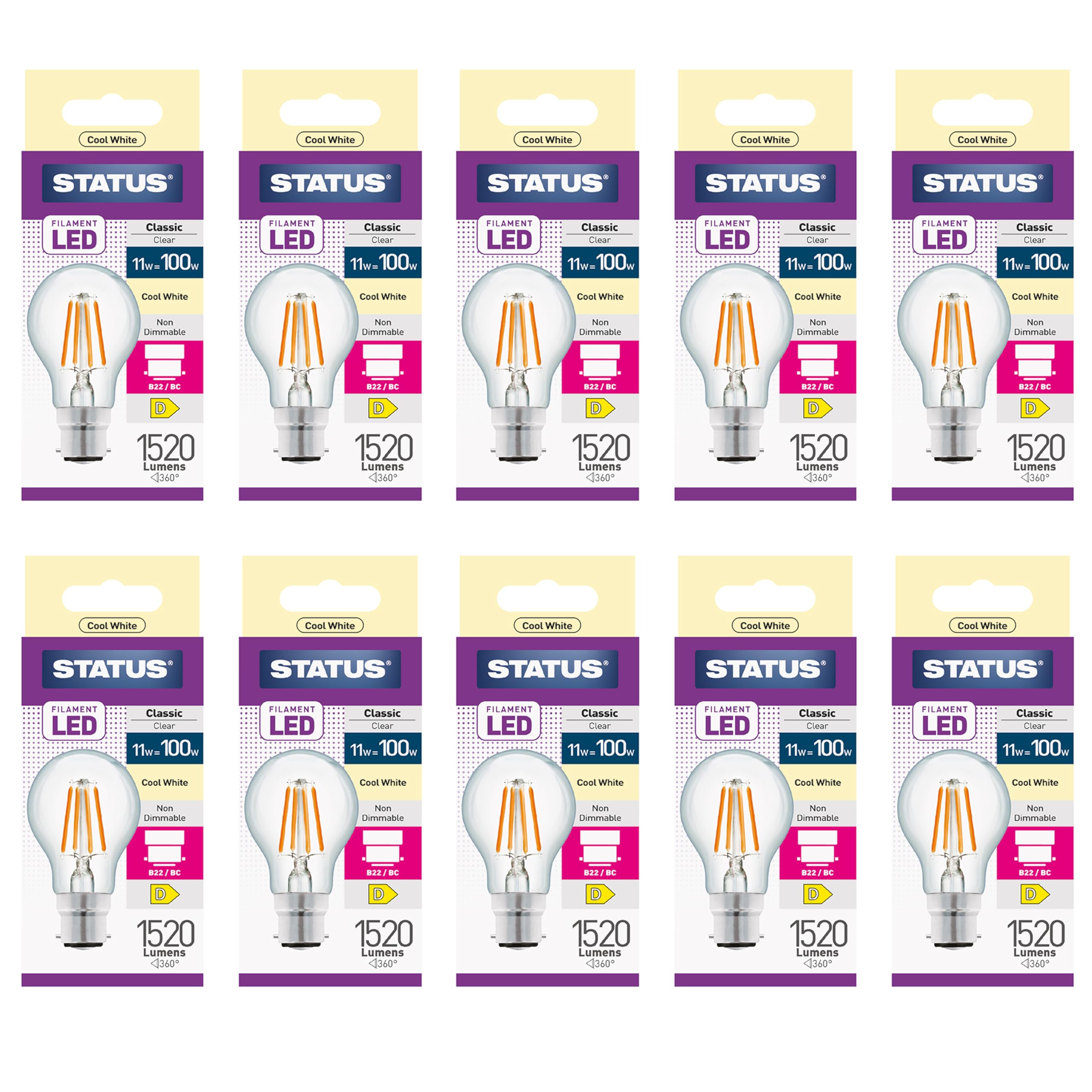 Status LED GLS Light Bulbs, 11W Cool White 4000K Clear Finish, 100W Filament Equivalent Bayonet Cap B22 Lighting for Home or Office, Pack of 10 (11SFGCB22C1B10)