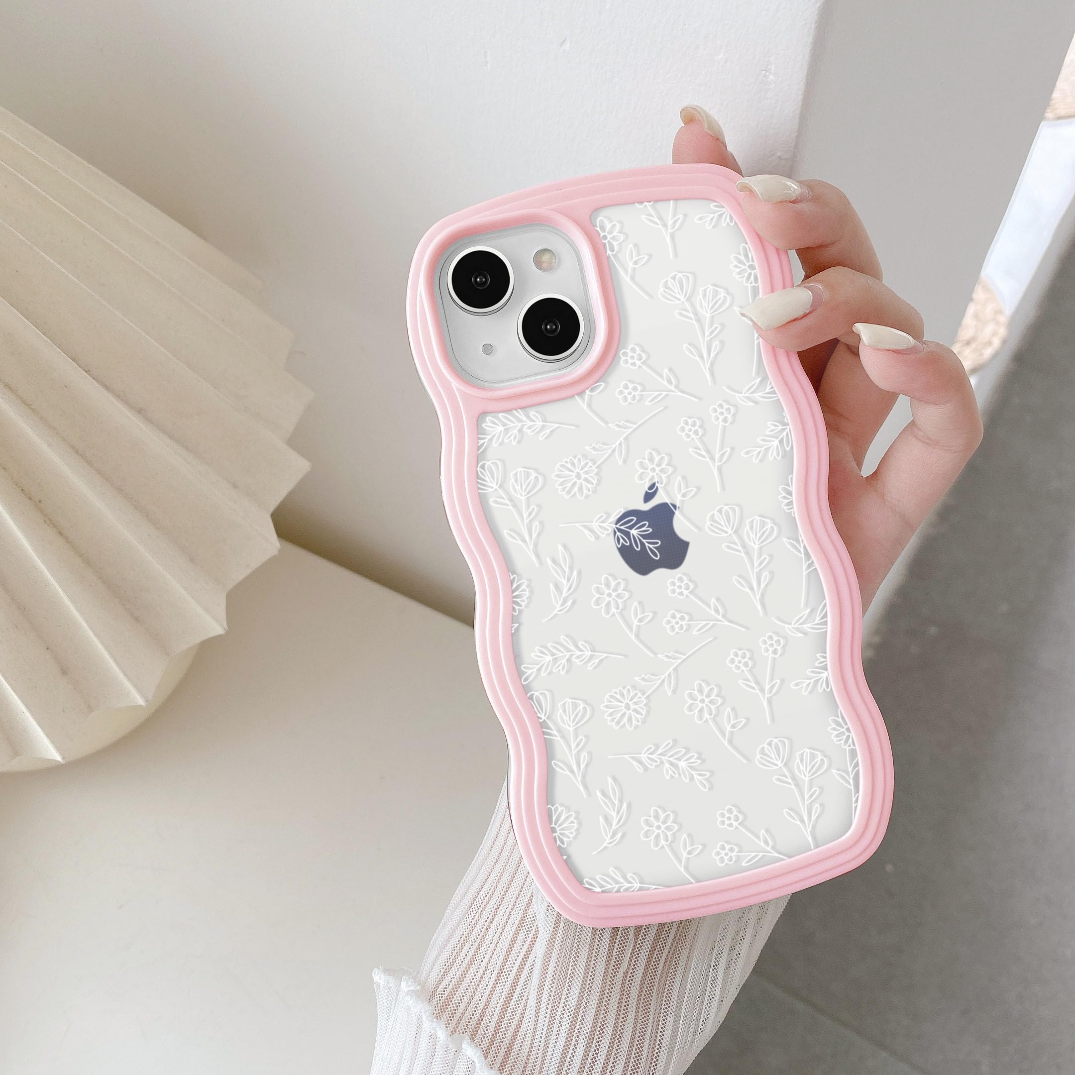 QLTYPRI for iPhone 15 Plus Case, Cute Curly Wave Frame Clear Case for Girls Women, Flower Clear TPU Bumper Slim Soft Silicone Shockproof Protective Phone Cover for iPhone 15 Plus - White Floral/Pink