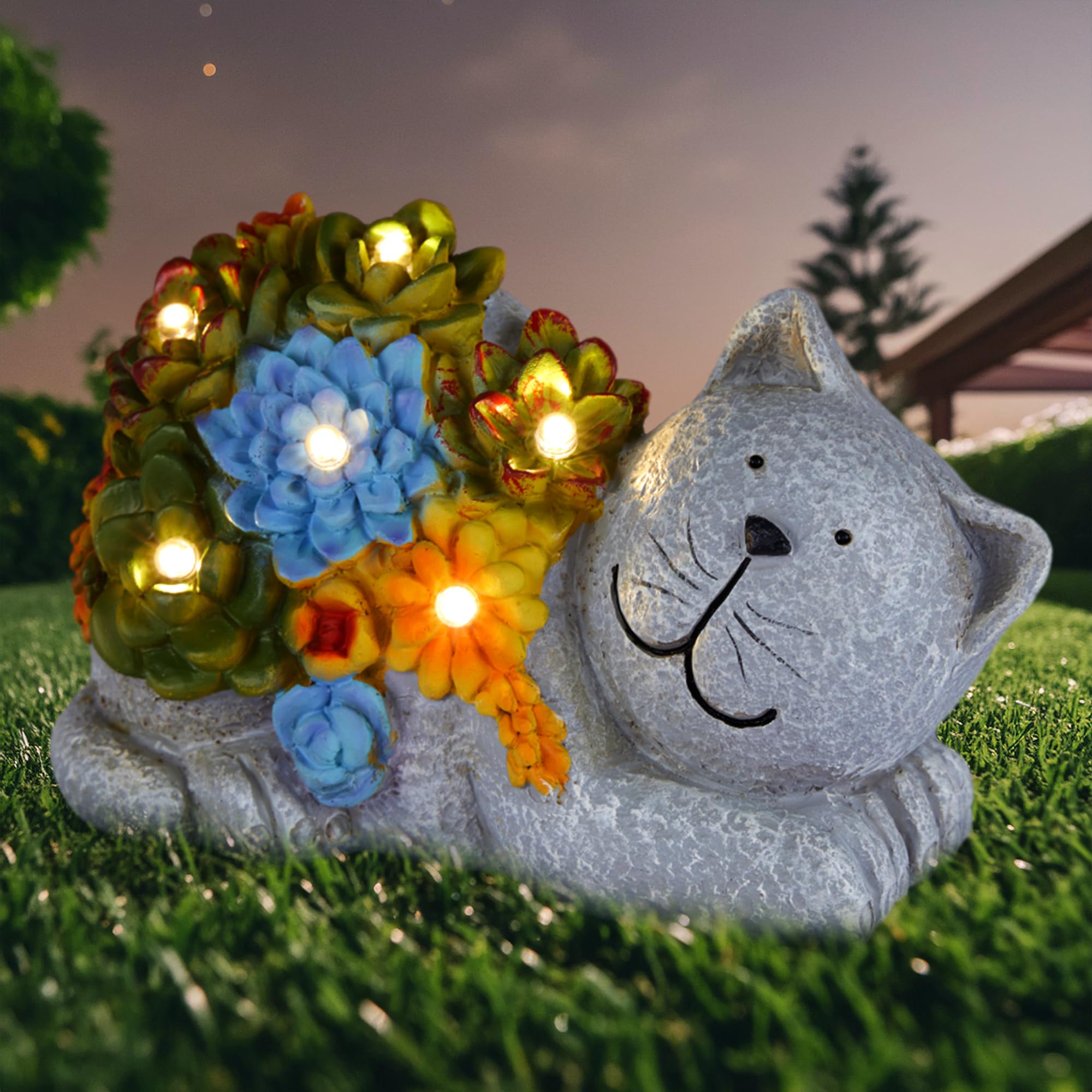 Mosii Solar Cat Garden Ornaments Outdoor, Cute Resin Garden Statue Figurine with 6 LEDs, Solar Garden Ornaments For Garden Decorations Home & Balcony Decor, Ideal Garden Gifts Cat Gifts for Women