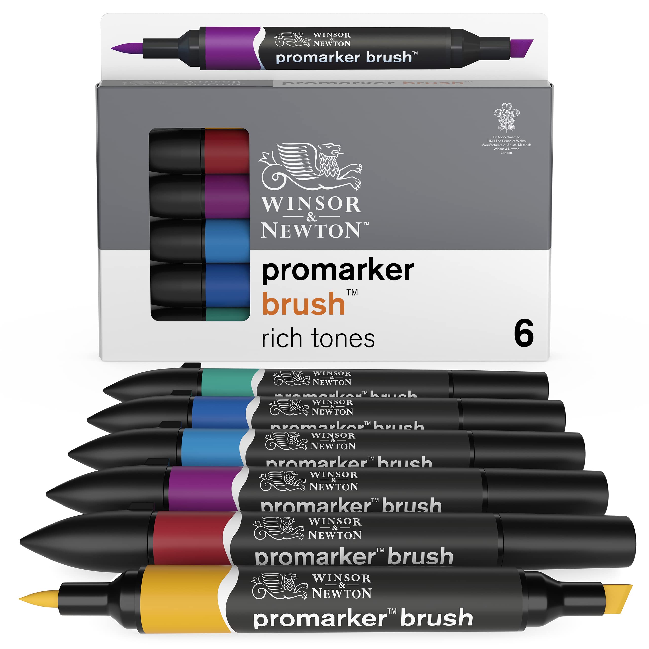 Winsor & Newton, Promarker Brush, Rich Tones, Set of 6, Alcohol Based Dual Tip Markers