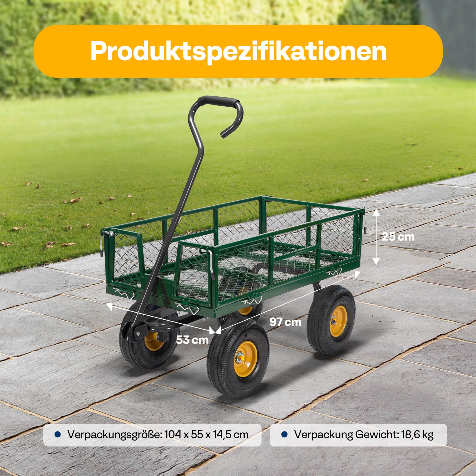 VIVOHOME Gartenwagen mit Abnehmbaren Seiten und Luftreifen, Belastbarer Transportwagen bis 400kg mit 180° Drehbarem Griff für Garten und Outdoor Einsätze 7