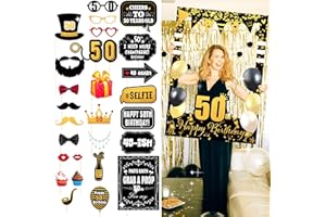 LaVenty 50 Photo Booth Frame & Props - 31 Pieces, Black Gold, Birthday Decorative Cutout, Cardstock