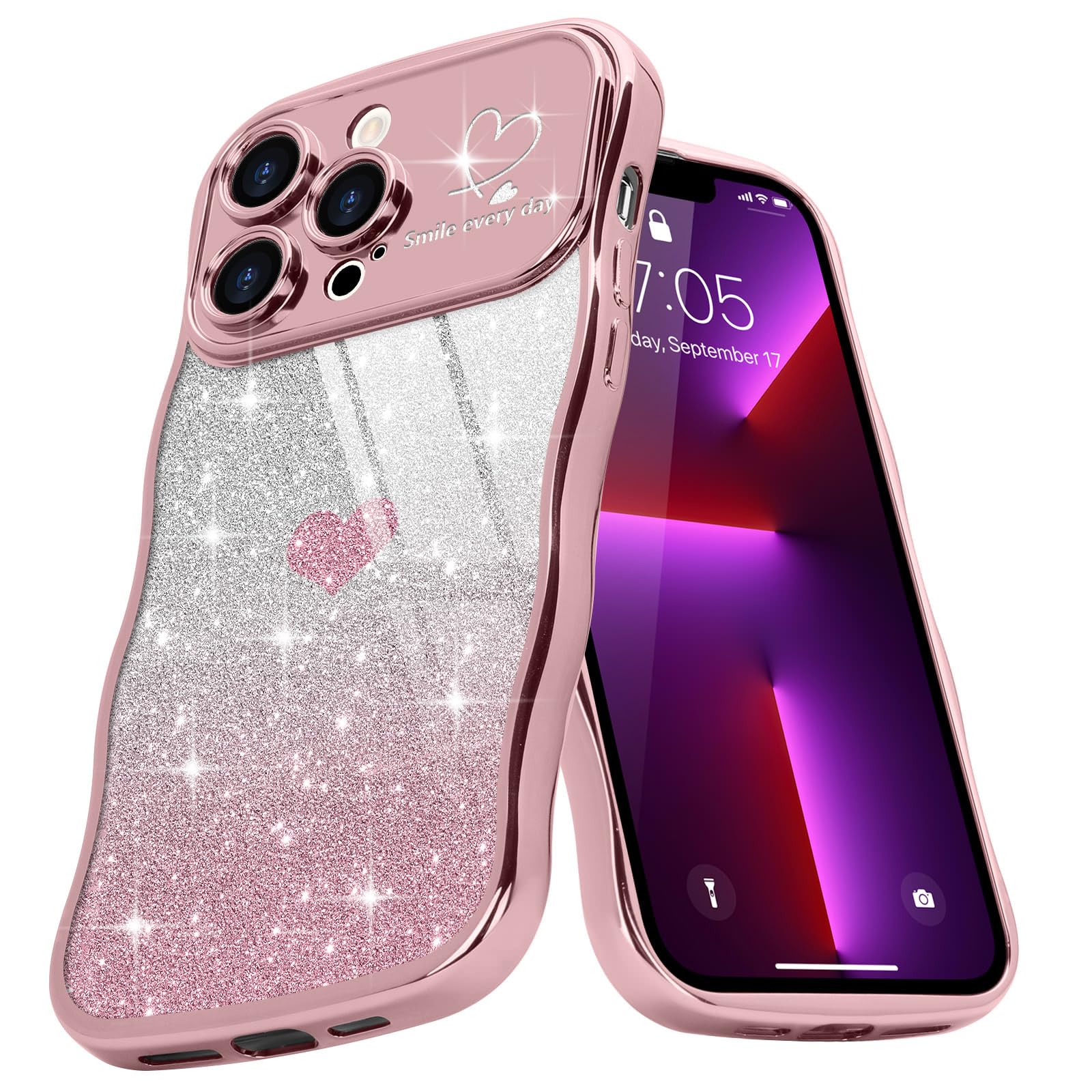 Teageo Cute Heart Pattern Curly Phone Case for iPhone 13 Pro Max, Wave Frame Glitter Case for Girls Women Aesthetic Bling Cover Shockproof Soft TPU Bumper for iPhone 13 Pro Max, Pink