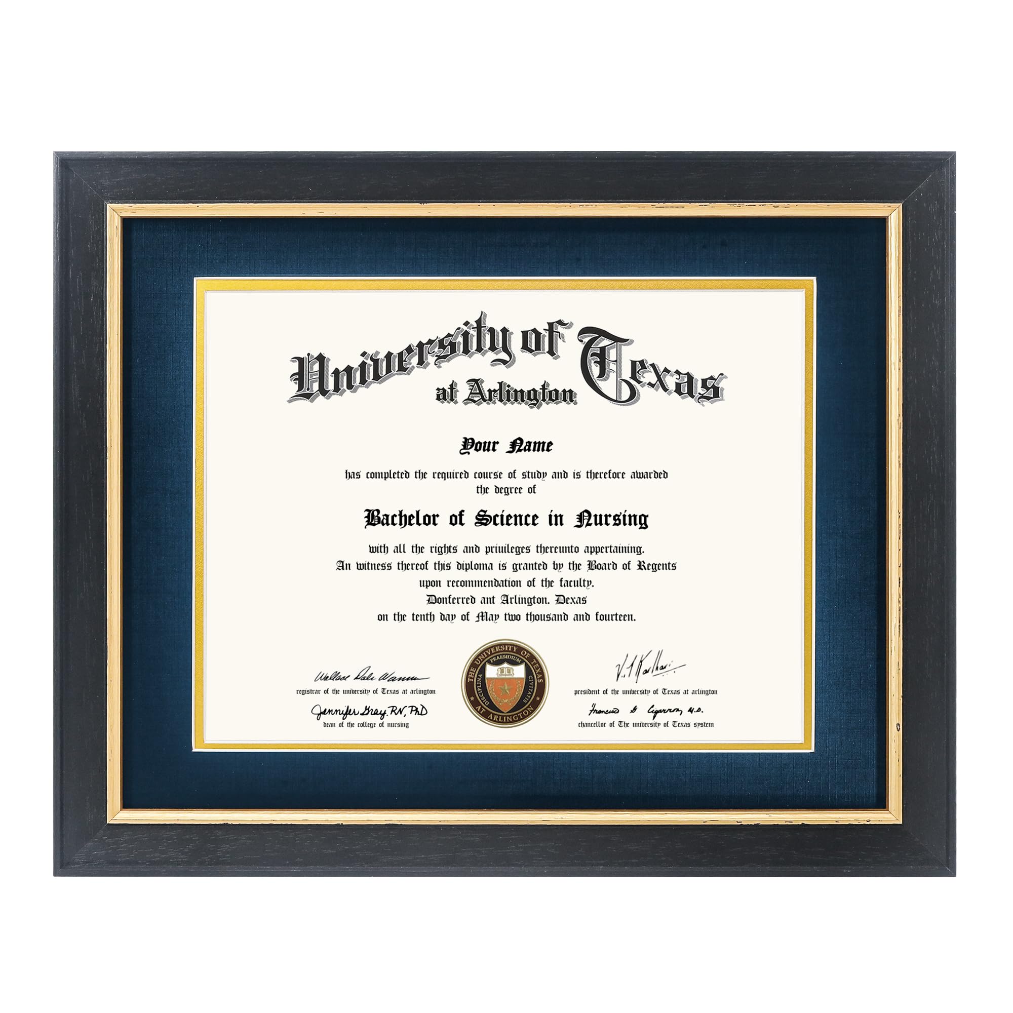 Photo 1 of GMFrames 8.5x11 Wood Diploma Frame with Navy Mat or Display 11x14 Certificates without Mat,Tempered Glass,Rustic Black Finish with Gold Trim