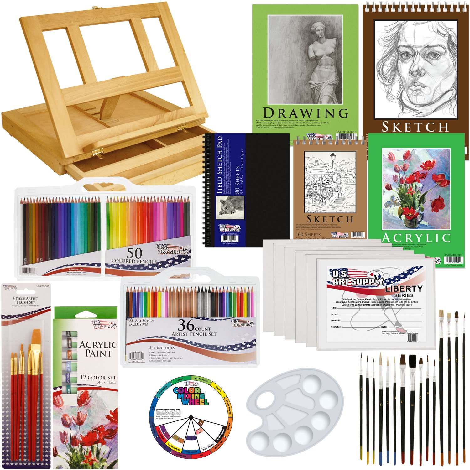 US Art Supply 134Piece Acrylic Painting & Sketch Drawing Set with Wood Easel