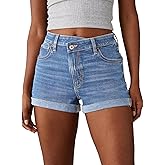 Sidefeel Women's Jean Shorts High Waisted Stretchy Casual Rolled Hem Zimbaplatinum Denim Shorts