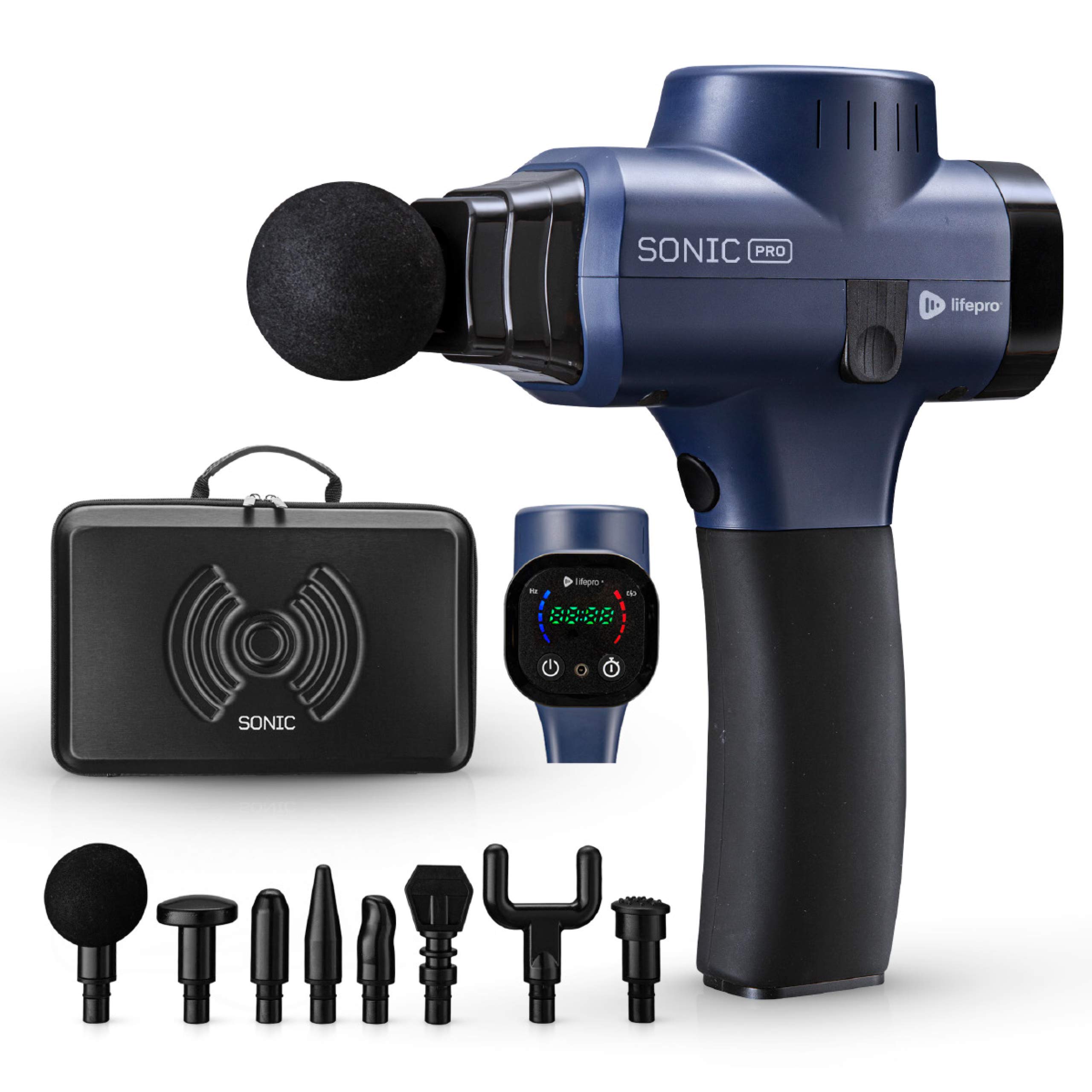 Lifepro Sonic Pro Percussion Massage Gun | Percussive Therapy Device for Pain Relief | 75 Lbs Stall Force, 8 Massage Gun Attachments