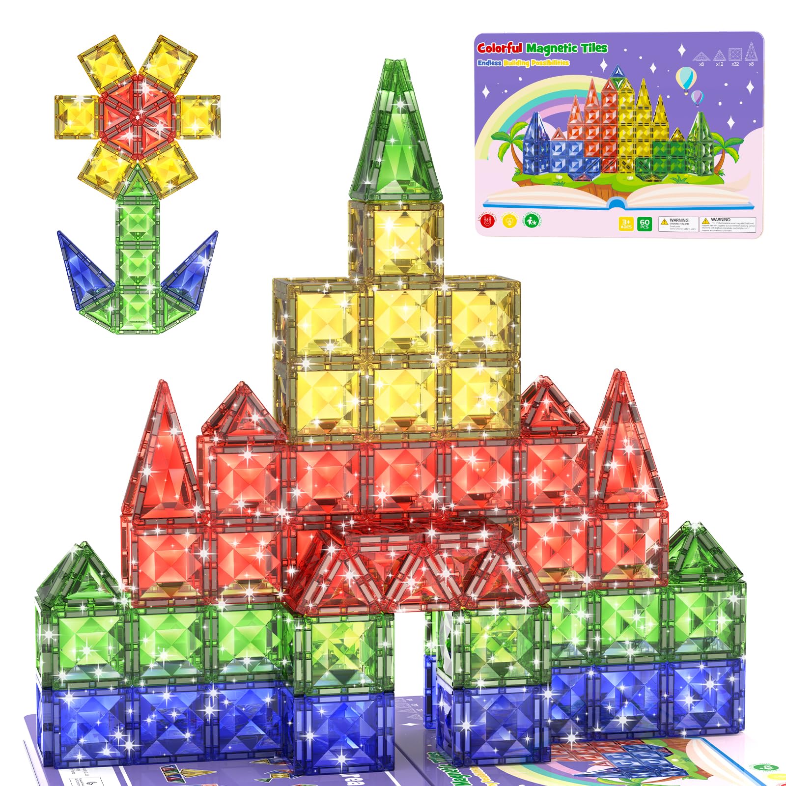 WMXDU 60pcs Large Diamond Magnetic Tile, Magnetic Building Blocks Magnet Toy with Iron Box, STEM Educational Montessori Indoor Building Kit for Preschool Boys Girls Age 3+ Classroom Must Haves