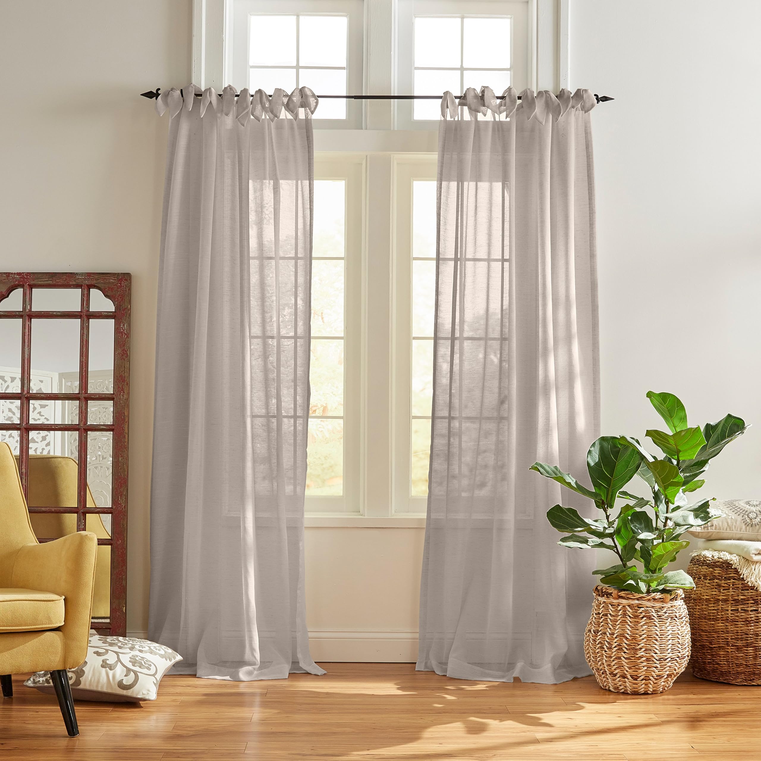 Elrene Sheer Tie-Top Window-Curtain Panel, Poly-Linen Blend, Light Gray, 52" W x 84" L (Pack of 1)