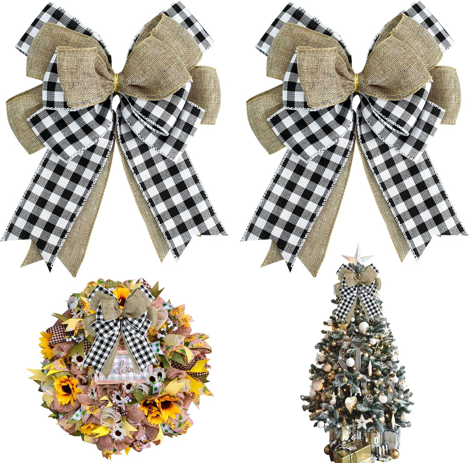 Bows & Ribbons - TONIFUL Black White Burlap Bows for Wreaths 2Pcs Buffalo Plaid Wreath Bow Fall Christmas Tree Topper Bow for Front Door Windows Gift Party Wedding Outdoor Indoor Decorations Ornaments Crafts 12