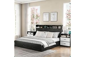 HARPAQ 3 Pieces Bedroom Set, King Size Wood Platform Bed Frame and 2 Nightstands, Storage Headboard and Nightstand with Charging Station, Solid Wood Slats Support, No Box Spring Needed, Black