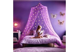UB-STORE Purple Canopy for Girls Bed with Pre-Glued Glow in The Dark Stars - Princess Mosquito Net Room Decor - Kids & Baby Bedroom Tent with Galaxy Lights - 1 Opening Canopy Bed & Hanging Kit Included