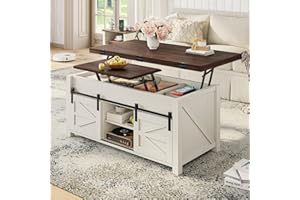 UPOSOJA Lift Top Coffee Table for Living Room with 4 Sliding Barn Doors, 4 in 1 Farmhouse Coffee Table with Adjustable Shelves and Hidden Storage Compartment, Converts to Dining Table (Brown White)