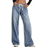 ELLEVEN Women’s Low Rise Baggy Jeans, Casual Drawstring Wide Leg Denim Pants with Pockets