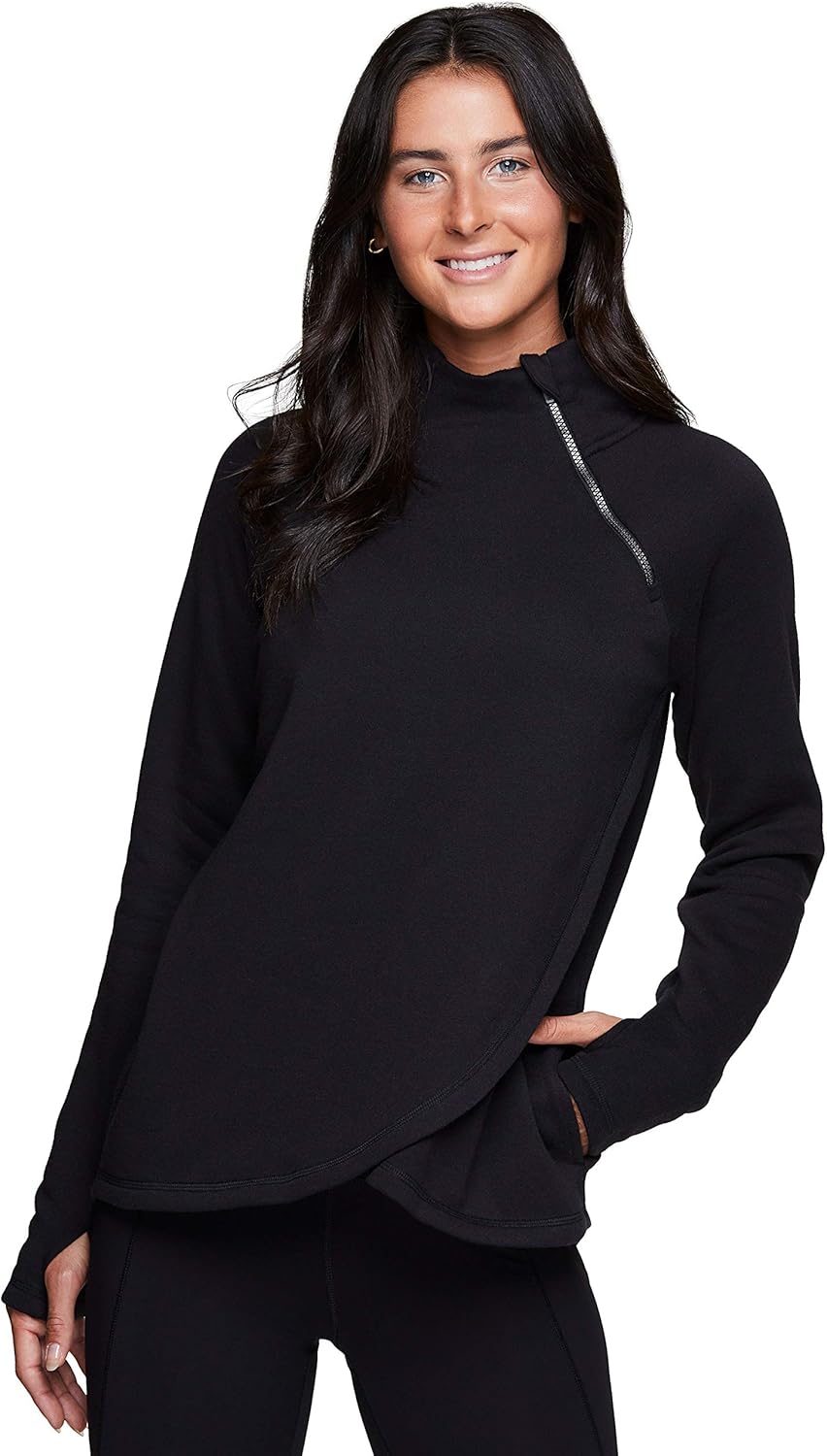 RBX Activewear Women's Fleece Pullover Sweatshirt with Zip Mock Neck, Pockets and Thumb Holes at  Women’s Clothing store