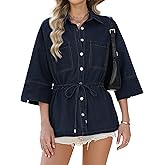 Women Denim Shirts Oversized Long Sleeve Button Down Blouse Fall V Neck Casual Top Trendy Drawstring Waist Daily Wear