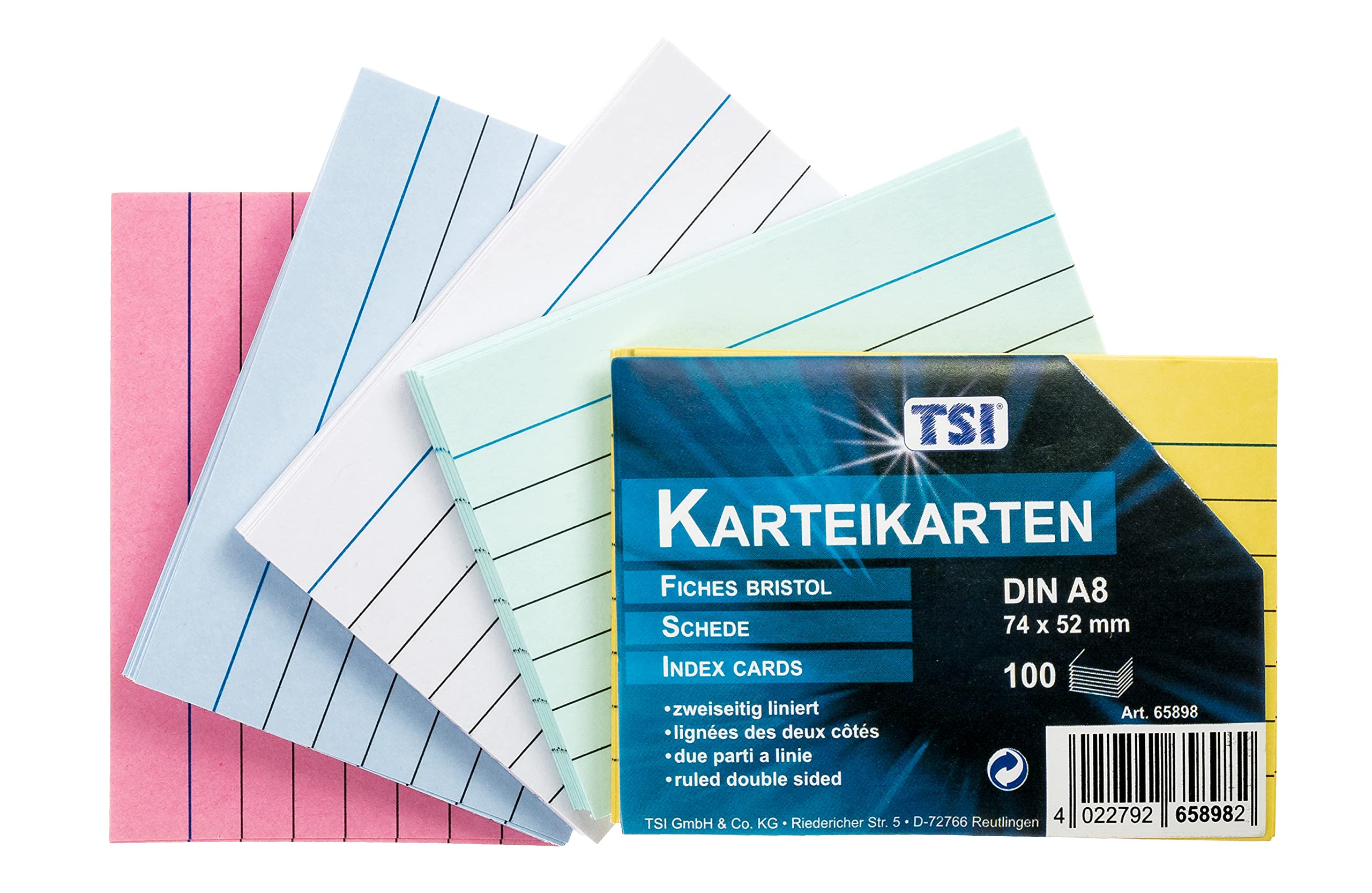 TSI 65898 Index Cards Assorted Colours Pack of 100 Lined Size DIN A8 (74 x 52 mm)
