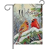 Dyrenson Welcome Winter Cardinal Decorative Garden Flag, Snowy Red Birds Pine Tree Forest Yard Outside Home Decoration, Christmas Seasonal Berry Burlap Outdoor Small Decor Double Sided 12 x 18