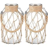 Set of 2 Rope Net Dry Flower Glass Vase 7.9 x 4 Inches Wicker Farmhouse Vase Coastal Decor for Wedding Tables Home Rustic Hanging Mason Jar Rope Wrapping Decorative Bottles Nautical Decor
