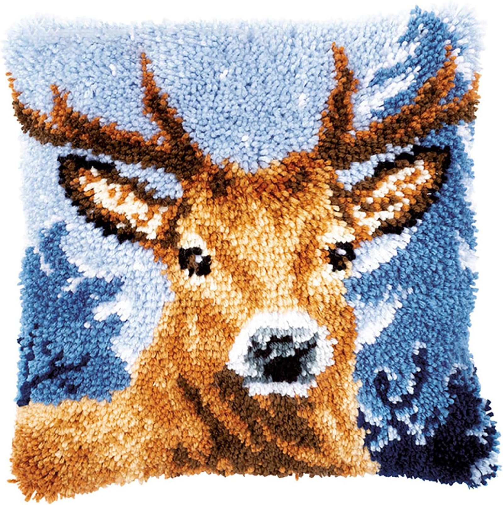 ZFFLYH Latch Hook Kits DIY Throw Pillow Cover Sofa Cushion Cover Cushion Cover Embroidery Craft Kit for Adults And Beginners Pattern Printed Canvas Creativity Crochet Gift 17X17 Inch,Deer — image 1