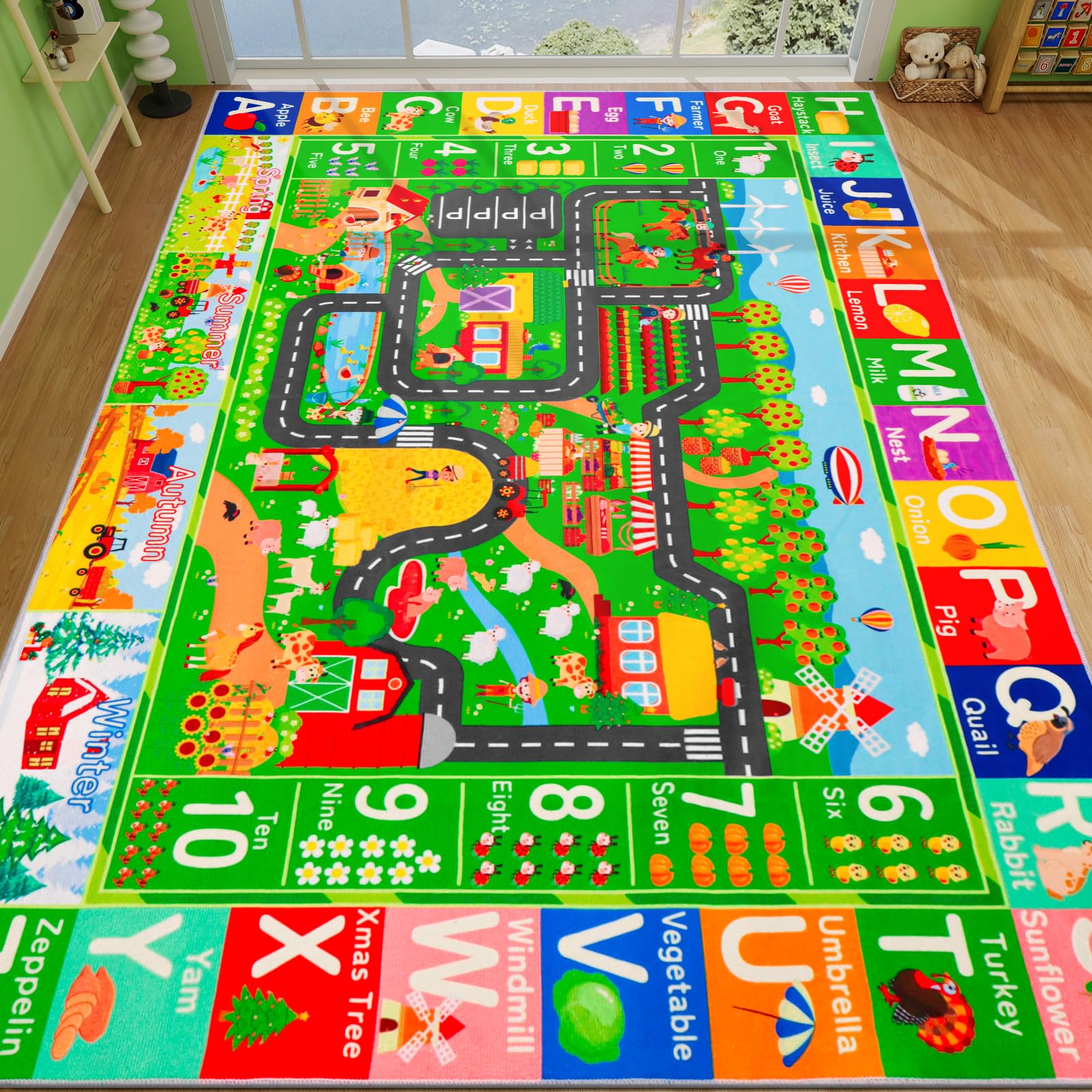 DINSUMRUG Kids Rugs for Toy Cars Playroom 200×150 CM ABC Farm Life Road Traffic Kids Car Road Rugs Village Map Play Mat for Toddlers Boys Room Family Tummy Time Playtime Learning Carpet